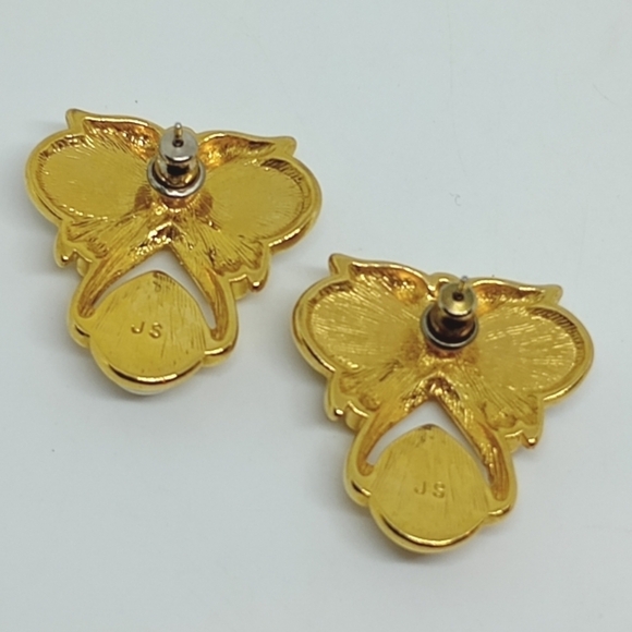 * vintage JS Joseph Smith & Sons faux pearl triad gold tone earrings - Picture 4 of 7